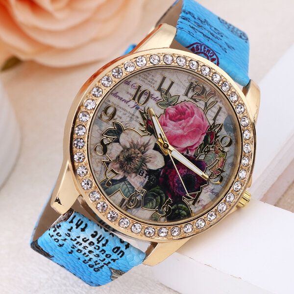 Reloj De Mujer De Estilo Bohemia De Moda Con Correa De Cuero Reloj De Cuarzo Con Patrón De Rosa Retro