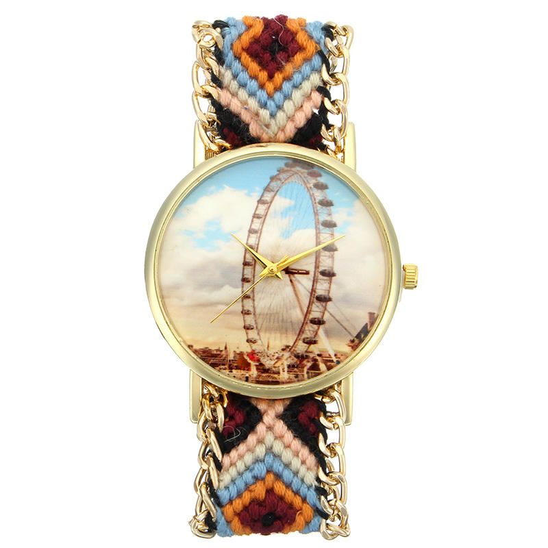 Reloj De Mujer De Estilo Popular Personalizado Caja De Aleación De Noria Correa De Tela Tejida Reloj De Pulsera De Cuarzo Retro Informal