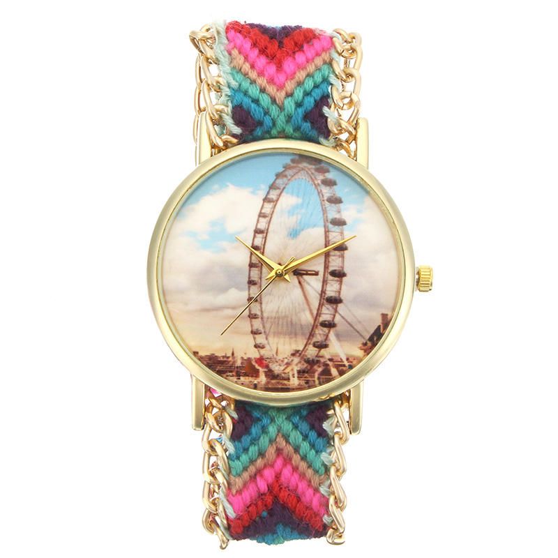 Reloj De Mujer De Estilo Popular Personalizado Caja De Aleación De Noria Correa De Tela Tejida Reloj De Pulsera De Cuarzo Retro Informal