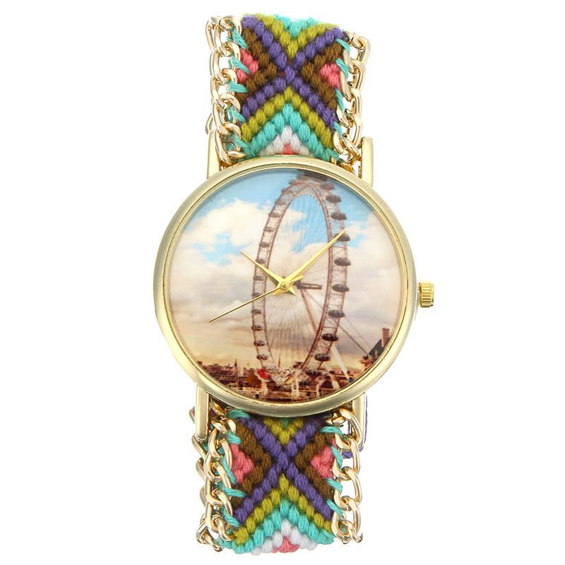 Reloj De Mujer De Estilo Popular Personalizado Caja De Aleación De Noria Correa De Tela Tejida Reloj De Pulsera De Cuarzo Retro Informal