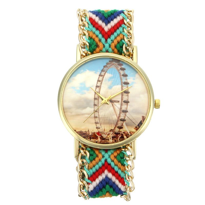 Reloj De Mujer De Estilo Popular Personalizado Caja De Aleación De Noria Correa De Tela Tejida Reloj De Pulsera De Cuarzo Retro Informal