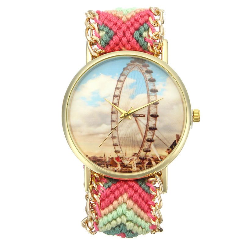 Reloj De Mujer De Estilo Popular Personalizado Caja De Aleación De Noria Correa De Tela Tejida Reloj De Pulsera De Cuarzo Retro Informal