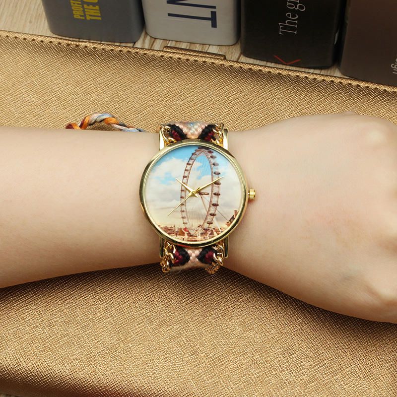 Reloj De Mujer De Estilo Popular Personalizado Caja De Aleación De Noria Correa De Tela Tejida Reloj De Pulsera De Cuarzo Retro Informal