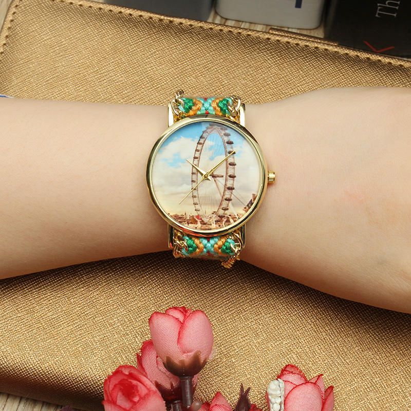 Reloj De Mujer De Estilo Popular Personalizado Caja De Aleación De Noria Correa De Tela Tejida Reloj De Pulsera De Cuarzo Retro Informal