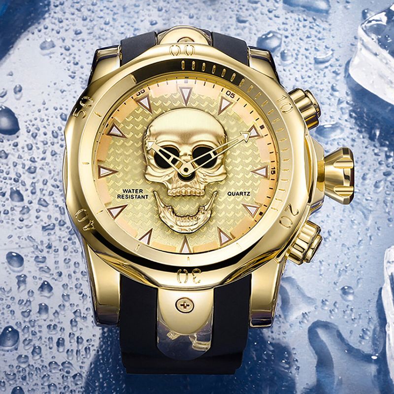 Reloj De Negocios Para Hombres Con Esfera Grande Reloj De Cuarzo Resistente Al Agua Con Banda De Silicona Con Esfera De Calavera Y Cabeza Fantasma