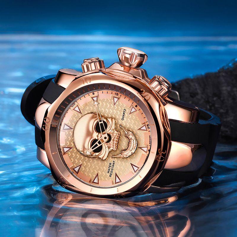 Reloj De Negocios Para Hombres Con Esfera Grande Reloj De Cuarzo Resistente Al Agua Con Banda De Silicona Con Esfera De Calavera Y Cabeza Fantasma