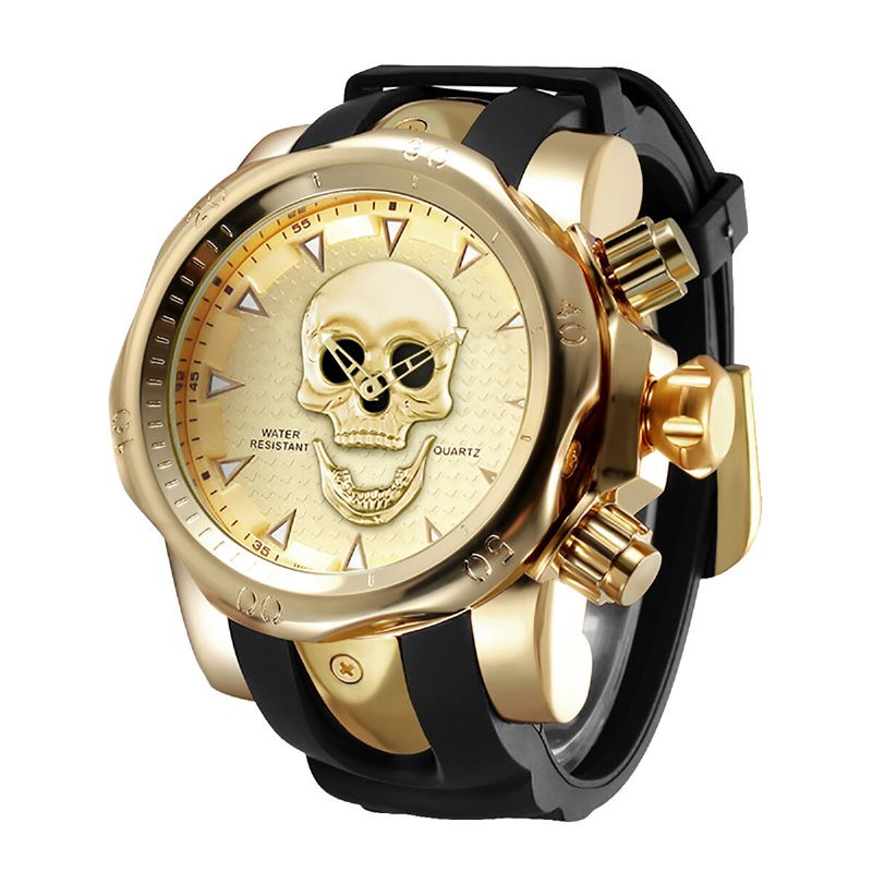 Reloj De Negocios Para Hombres Con Esfera Grande Reloj De Cuarzo Resistente Al Agua Con Banda De Silicona Con Esfera De Calavera Y Cabeza Fantasma