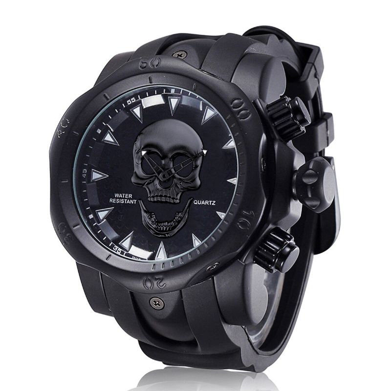 Reloj De Negocios Para Hombres Con Esfera Grande Reloj De Cuarzo Resistente Al Agua Con Banda De Silicona Con Esfera De Calavera Y Cabeza Fantasma