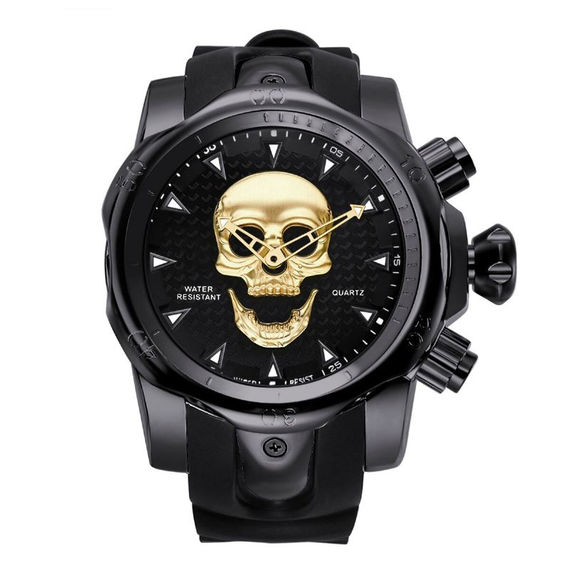 Reloj De Negocios Para Hombres Con Esfera Grande Reloj De Cuarzo Resistente Al Agua Con Banda De Silicona Con Esfera De Calavera Y Cabeza Fantasma