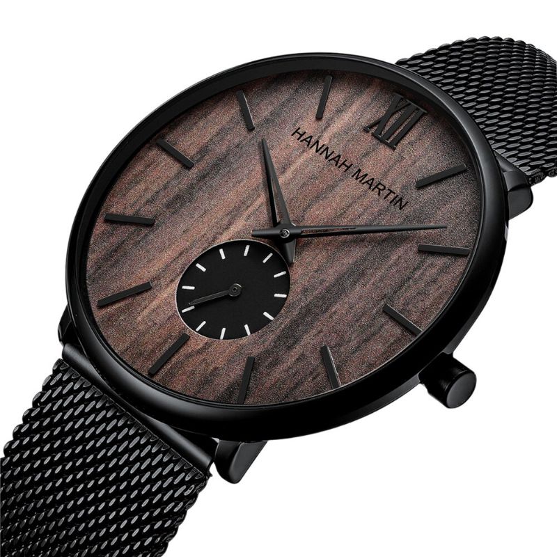 Reloj De Negocios Ultradelgado Para Hombres Reloj De Cuarzo Con Banda De Malla De Acero Inoxidable Resistente Al Agua Grano De Madera De Ébano Madera De Bambú