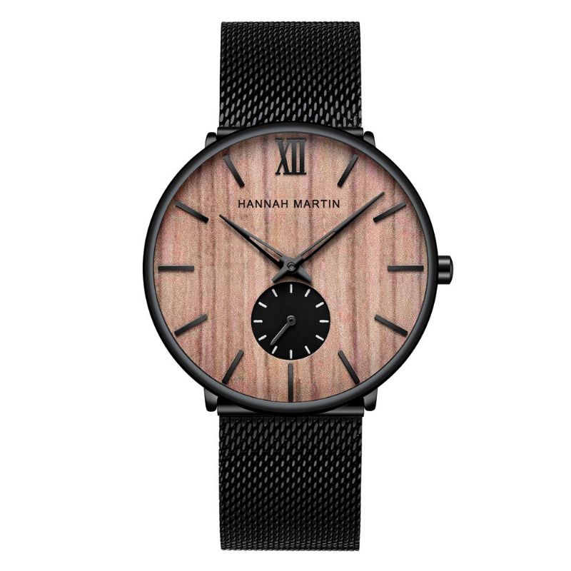 Reloj De Negocios Ultradelgado Para Hombres Reloj De Cuarzo Con Banda De Malla De Acero Inoxidable Resistente Al Agua Grano De Madera De Ébano Madera De Bambú