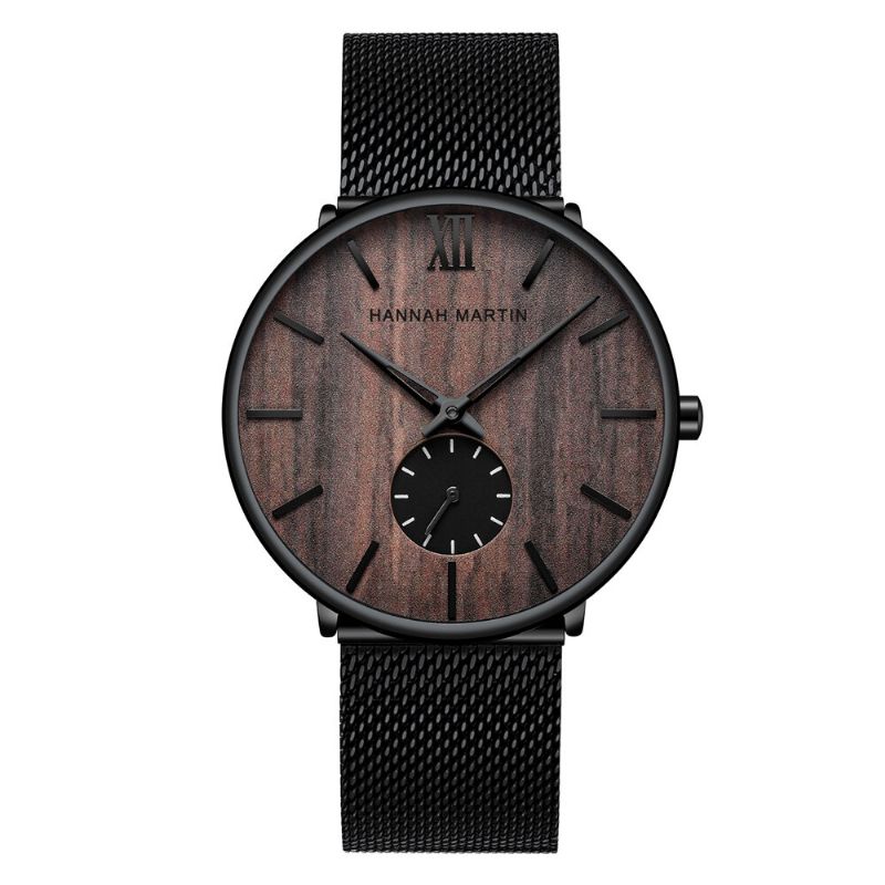 Reloj De Negocios Ultradelgado Para Hombres Reloj De Cuarzo Con Banda De Malla De Acero Inoxidable Resistente Al Agua Grano De Madera De Ébano Madera De Bambú