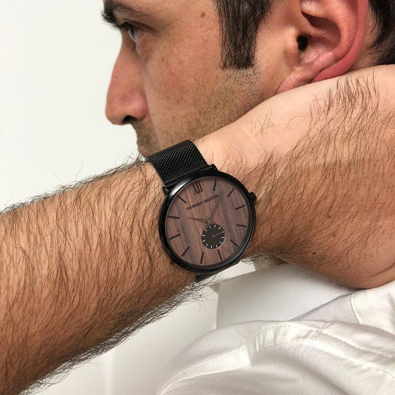 Reloj De Negocios Ultradelgado Para Hombres Reloj De Cuarzo Con Banda De Malla De Acero Inoxidable Resistente Al Agua Grano De Madera De Ébano Madera De Bambú