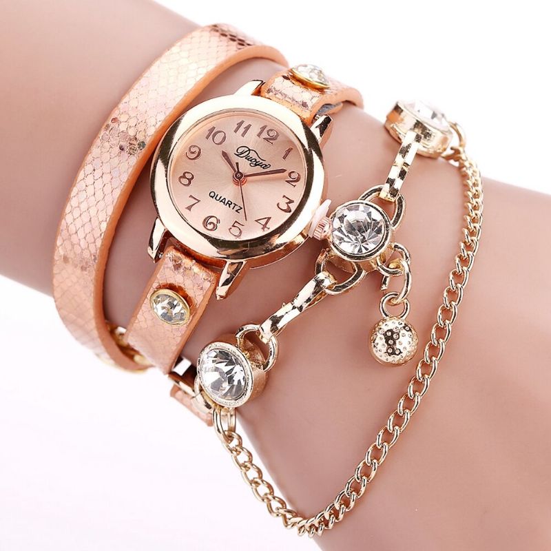 Reloj De Pulsera Colgante De Estilo Retro Caja De Oro Rosa Correa De Cuero Relojes De Cuarzo