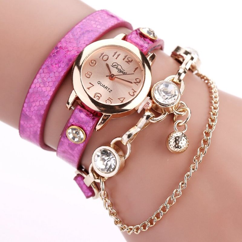 Reloj De Pulsera Colgante De Estilo Retro Caja De Oro Rosa Correa De Cuero Relojes De Cuarzo