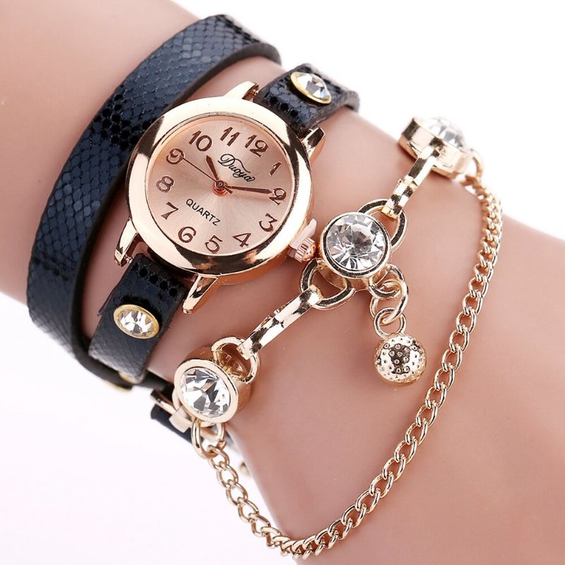 Reloj De Pulsera Colgante De Estilo Retro Caja De Oro Rosa Correa De Cuero Relojes De Cuarzo