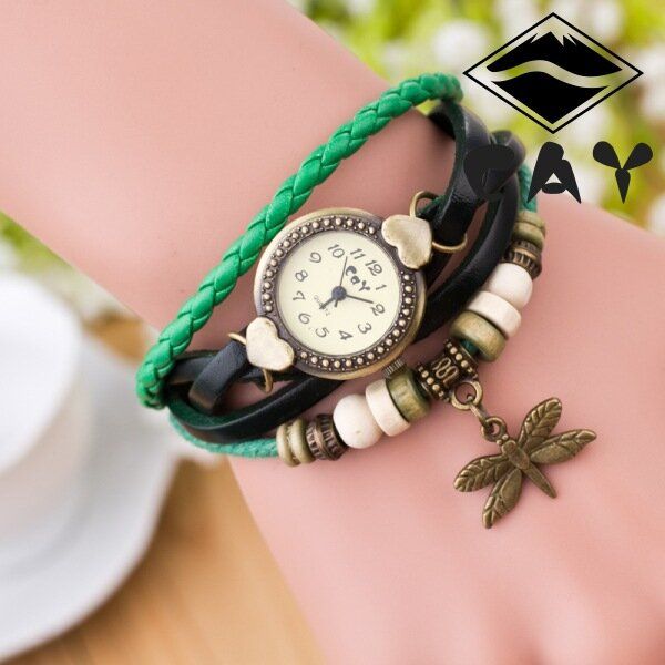 Reloj De Pulsera De Cuarzo Con Colgante De Libélula Multicapa Vintage De Moda