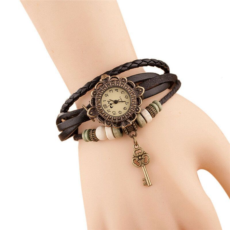 Reloj De Pulsera De Cuarzo Con Correa De Cuero Con Colgante De Llave Multicapa Vintage Para Mujer