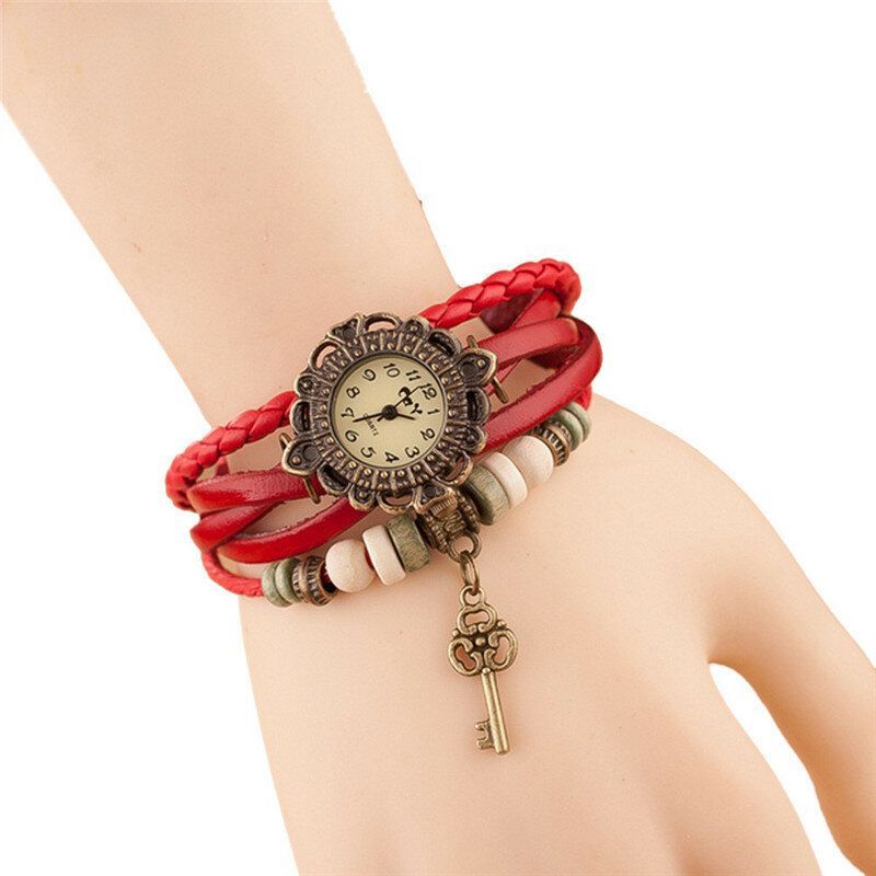 Reloj De Pulsera De Cuarzo Con Correa De Cuero Con Colgante De Llave Multicapa Vintage Para Mujer