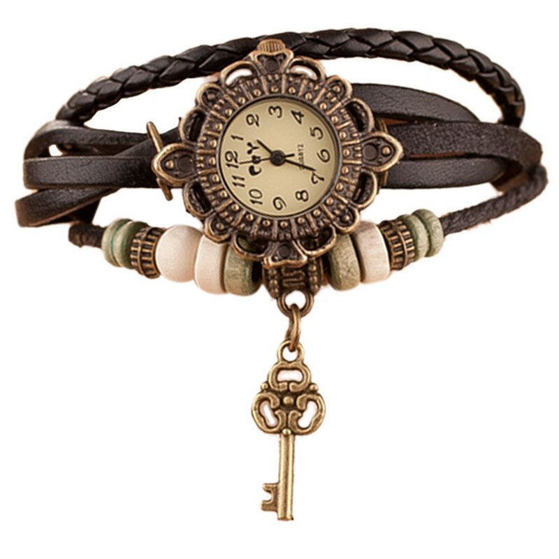 Reloj De Pulsera De Cuarzo Con Correa De Cuero Con Colgante De Llave Multicapa Vintage Para Mujer