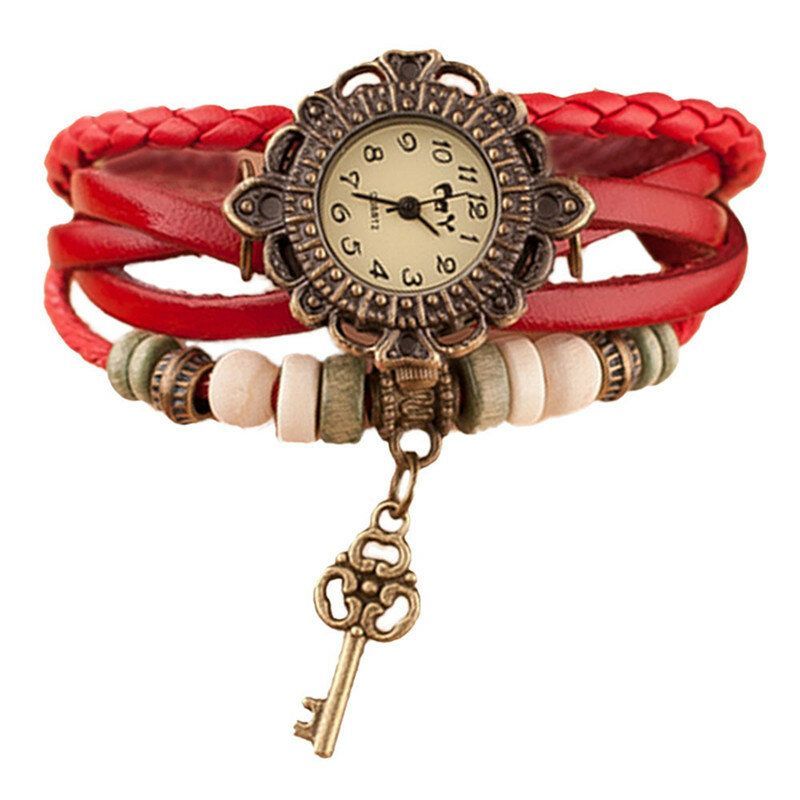 Reloj De Pulsera De Cuarzo Con Correa De Cuero Con Colgante De Llave Multicapa Vintage Para Mujer