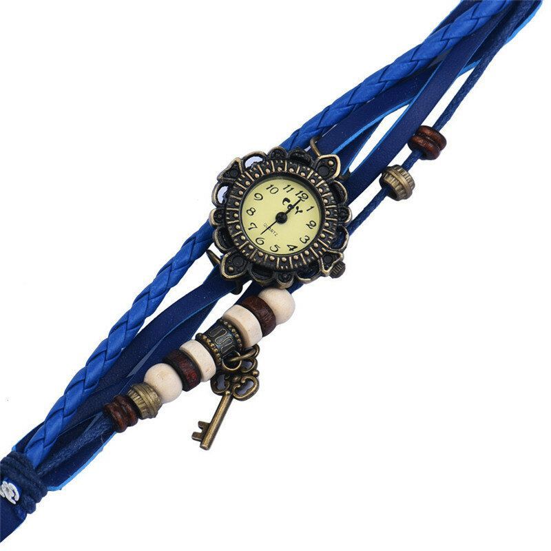 Reloj De Pulsera De Cuarzo Con Correa De Cuero Con Colgante De Llave Multicapa Vintage Para Mujer