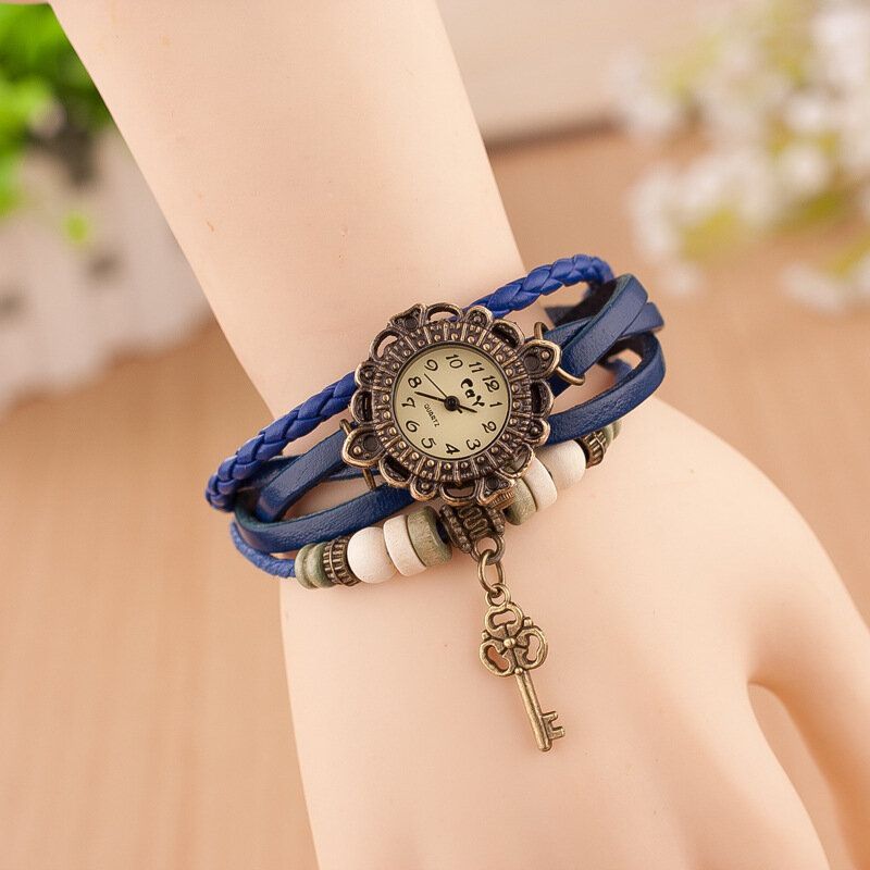 Reloj De Pulsera De Cuarzo Con Correa De Cuero Con Colgante De Llave Multicapa Vintage Para Mujer