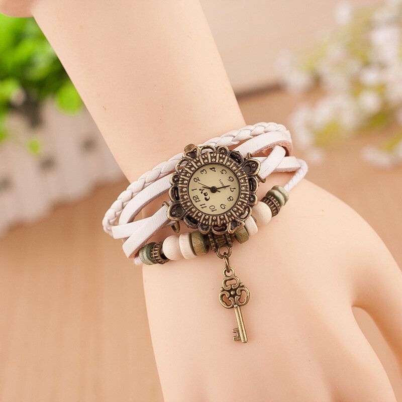 Reloj De Pulsera De Cuarzo Con Correa De Cuero Con Colgante De Llave Multicapa Vintage Para Mujer