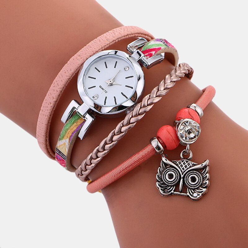 Reloj De Pulsera De Cuero De Búho Lindo Bohemio Relojes De Pulsera De Múltiples Capas Con Diamantes De Imitación De Metal Étnico