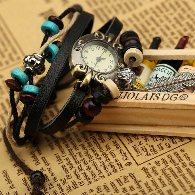 Reloj De Pulsera De Cuero Con Colgante De Plumas De Tejido De Reloj De Cuarzo Multicapa De Piel De Vaca Vintage De Estilo Retro