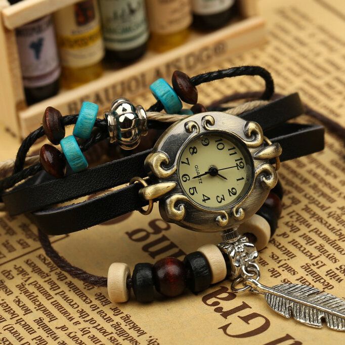 Reloj De Pulsera De Cuero Con Colgante De Plumas De Tejido De Reloj De Cuarzo Multicapa De Piel De Vaca Vintage De Estilo Retro