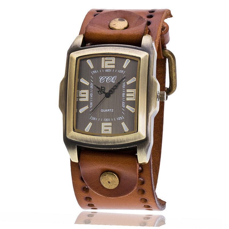 Reloj De Pulsera De Cuero De Vaca Con Esfera Rectangular De Moda Vintage Unisex Reloj De Cuarzo Con Banda Informal Antiguo Para Hombre