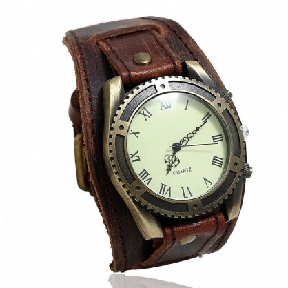 Reloj De Pulsera De Cuero De Vaca Vintage Correa Ajustable Números Romanos Reloj De Cuarzo Para Hombres