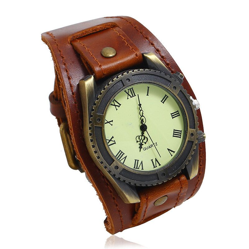 Reloj De Pulsera De Cuero De Vaca Vintage Correa Ajustable Números Romanos Reloj De Cuarzo Para Hombres