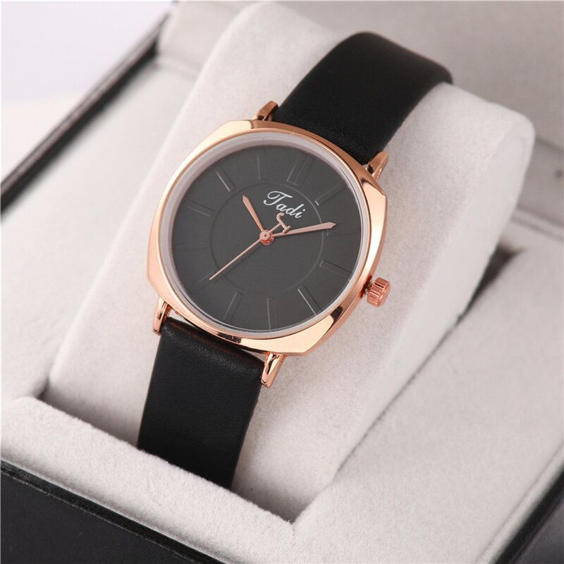 Reloj De Pulsera Simple Y Elegante Para Mujer Caja De Aleación De Oro Rosa Correa De Cuero Relojes De Cuarzo Para Mujer