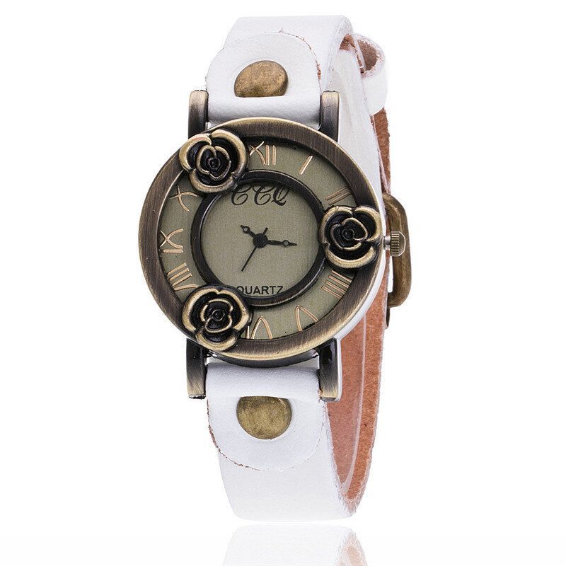 Reloj De Pulsera Vintage De Banda Fina Para Mujer Reloj De Cuarzo Con Esfera Hueca De Tres Rosas