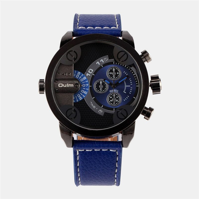 Reloj Vintage Para Hombre Reloj De Cuarzo De Cuero Con Doble Zona Horaria Y Esfera Grande