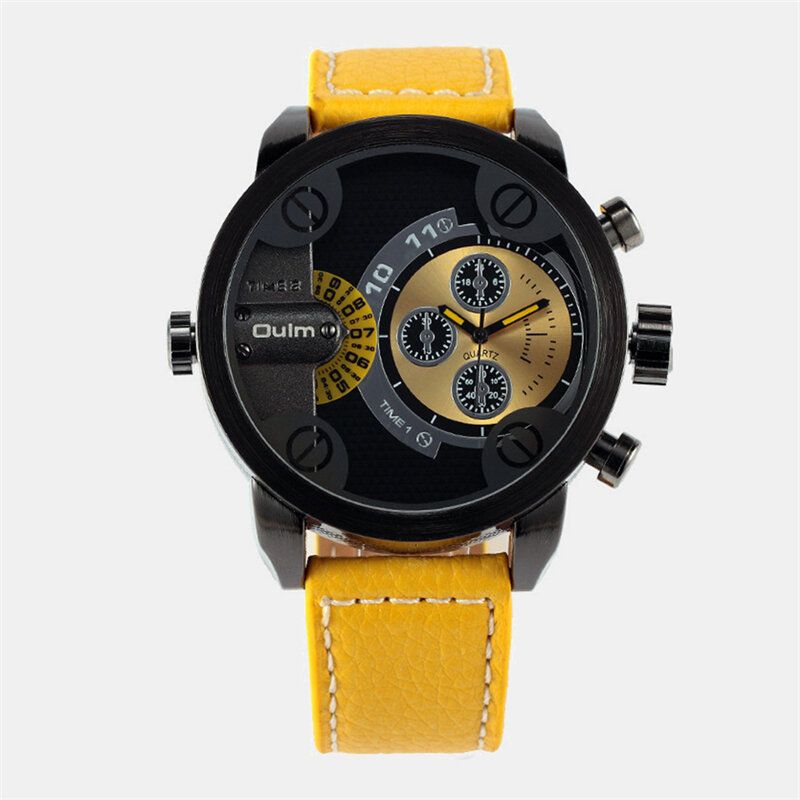 Reloj Vintage Para Hombre Reloj De Cuarzo De Cuero Con Doble Zona Horaria Y Esfera Grande