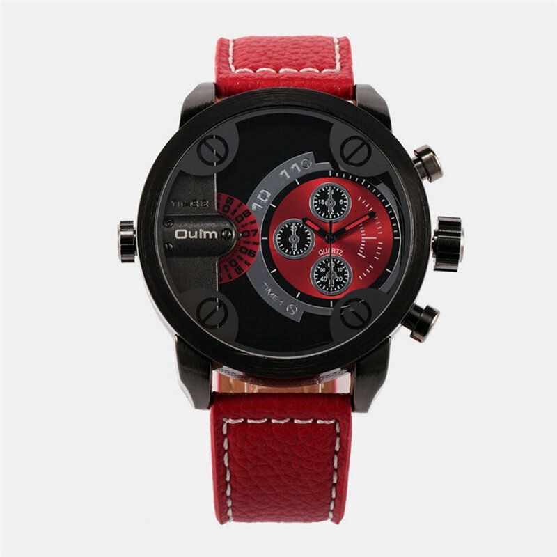 Reloj Vintage Para Hombre Reloj De Cuarzo De Cuero Con Doble Zona Horaria Y Esfera Grande