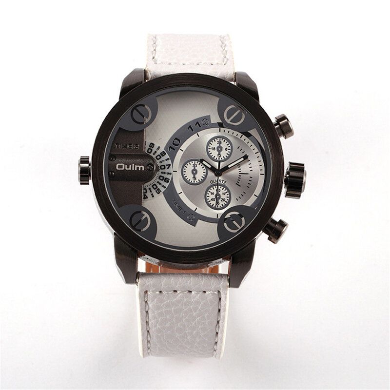 Reloj Vintage Para Hombre Reloj De Cuarzo De Cuero Con Doble Zona Horaria Y Esfera Grande