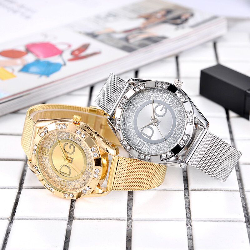 Relojes De Lujo De Moda Para Mujer Relojes De Cuarzo Con Banda De Malla De Tres Manos Con Montaje De Cristal Grande