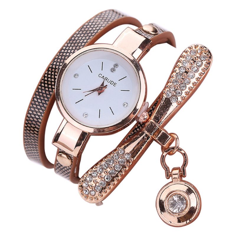 Retro Pu Correa Multi-layer Lady Watch Metal Geométrico Rhinestone Arco Colgante Mujeres Reloj De Cuarzo