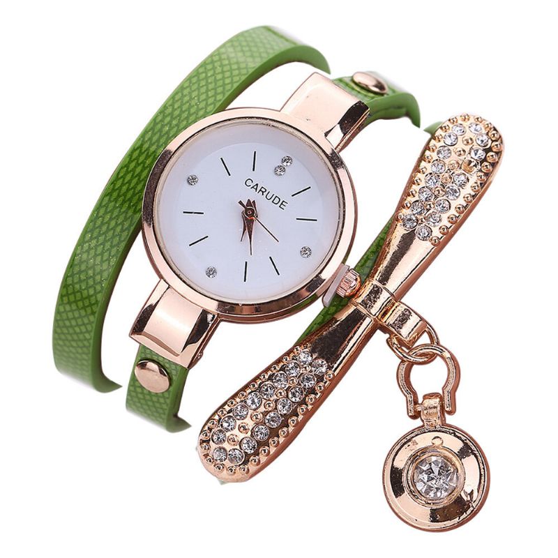 Retro Pu Correa Multi-layer Lady Watch Metal Geométrico Rhinestone Arco Colgante Mujeres Reloj De Cuarzo