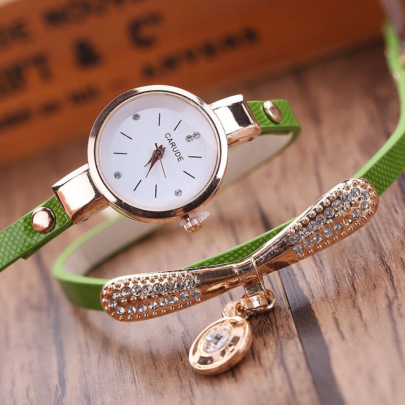 Retro Pu Correa Multi-layer Lady Watch Metal Geométrico Rhinestone Arco Colgante Mujeres Reloj De Cuarzo