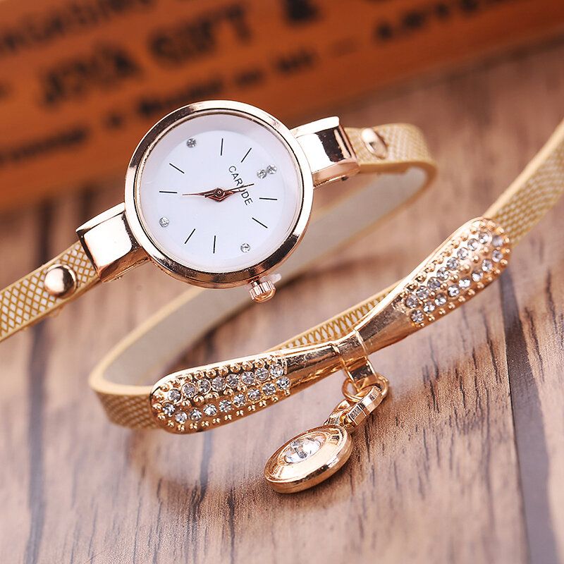 Retro Pu Correa Multi-layer Lady Watch Metal Geométrico Rhinestone Arco Colgante Mujeres Reloj De Cuarzo