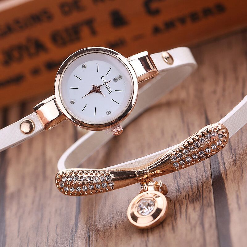 Retro Pu Correa Multi-layer Lady Watch Metal Geométrico Rhinestone Arco Colgante Mujeres Reloj De Cuarzo