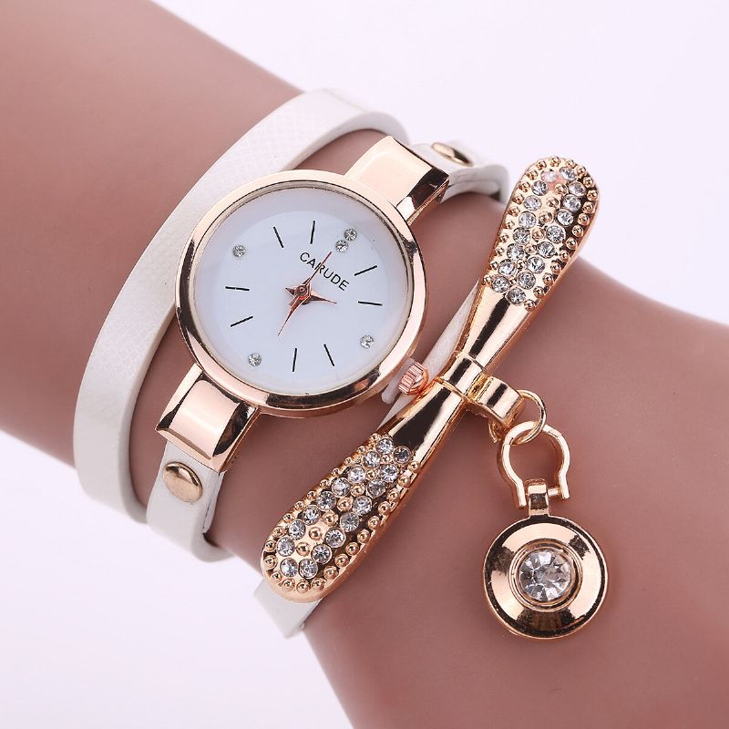 Retro Pu Correa Multi-layer Lady Watch Metal Geométrico Rhinestone Arco Colgante Mujeres Reloj De Cuarzo