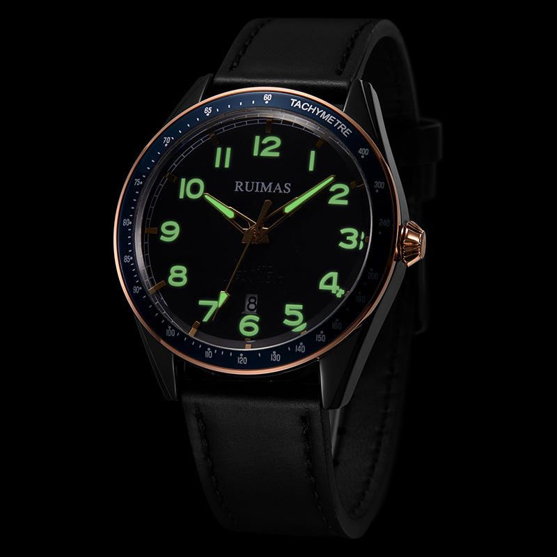 Ruimas 573 Reloj De Moda Para Hombre 3atm Reloj De Cuarzo Con Correa De Cuero Con Visualización De Fecha Luminosa A Prueba De Agua