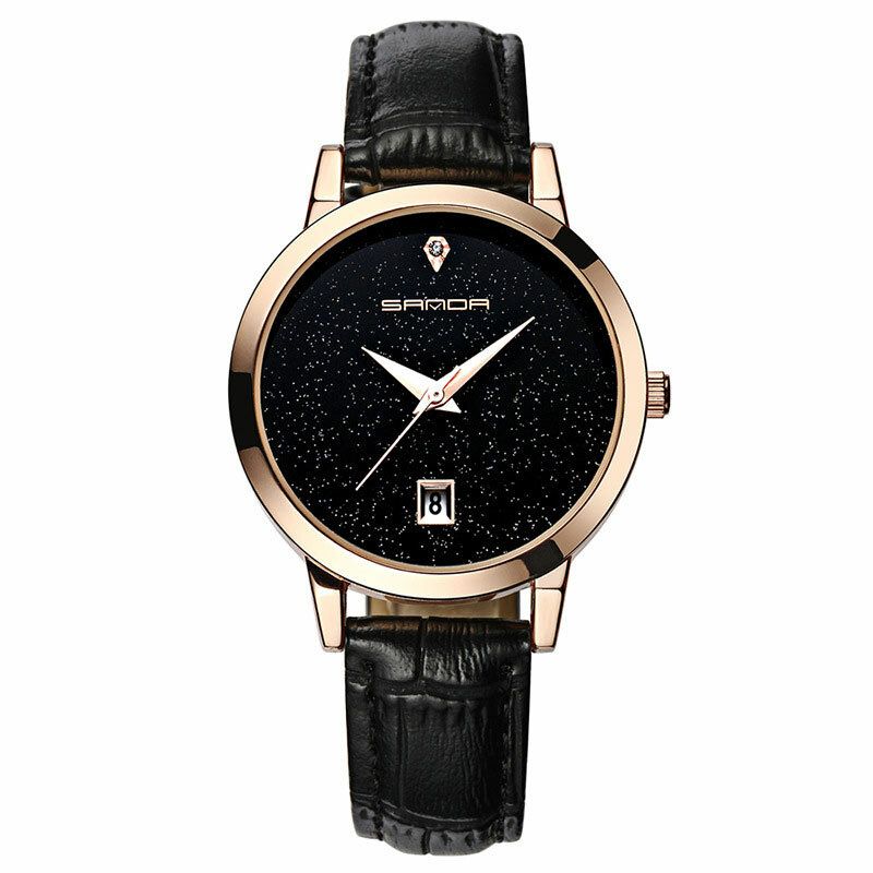 Sanda Moda Correa De Cuero Negro Cielo Estrellado Dial Fecha Pantalla Vestido De Mujer Reloj De Cuarzo Para Mujer