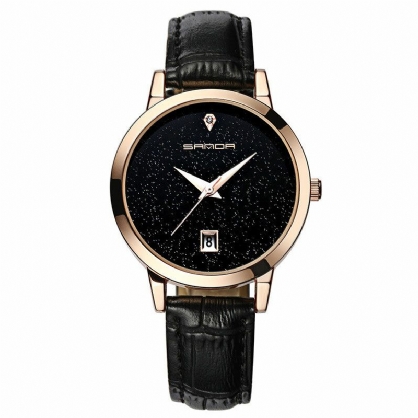 Sanda Moda Correa De Cuero Negro Cielo Estrellado Dial Fecha Pantalla Vestido De Mujer Reloj De Cuarzo Para Mujer